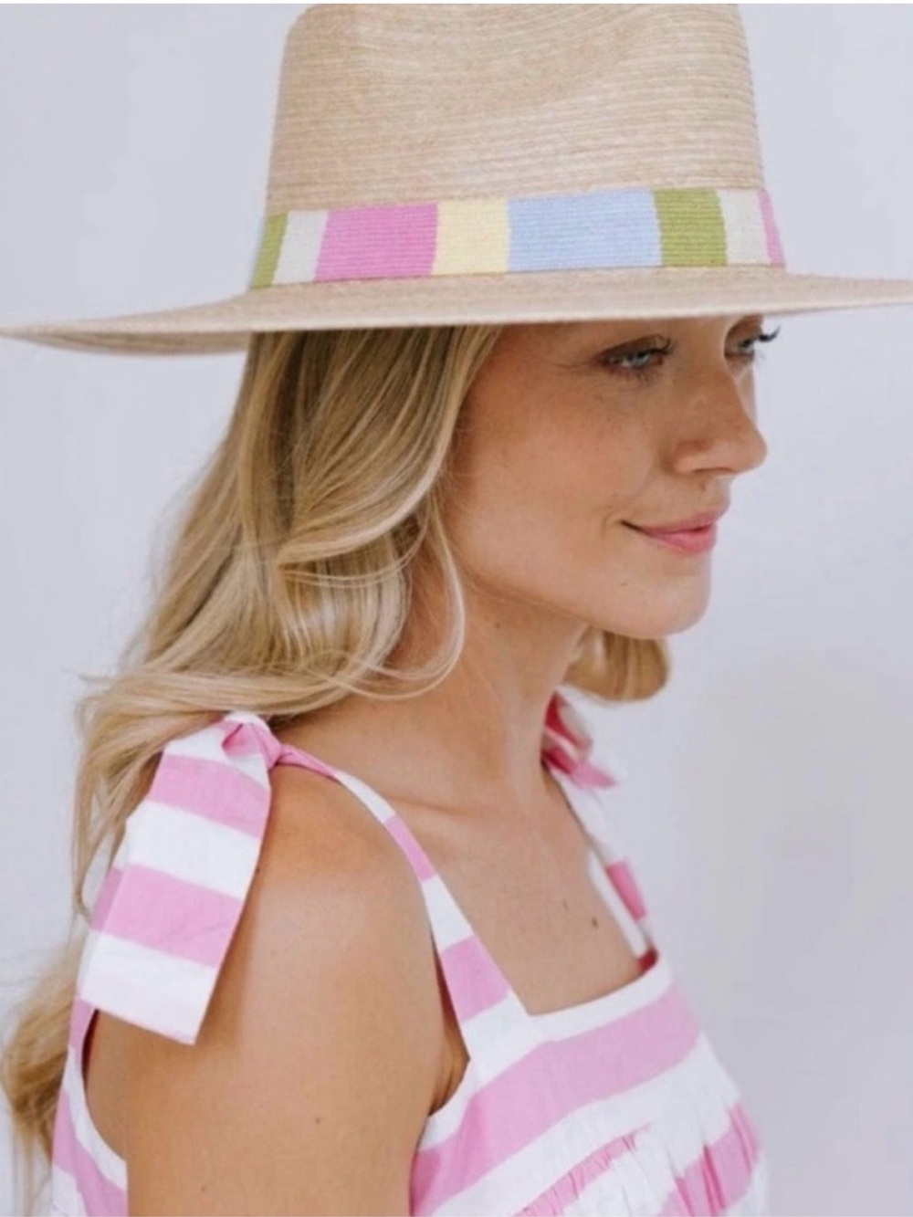 Natural Straw Wide-Brim Hat with Pastel Stripe Band size xs/s